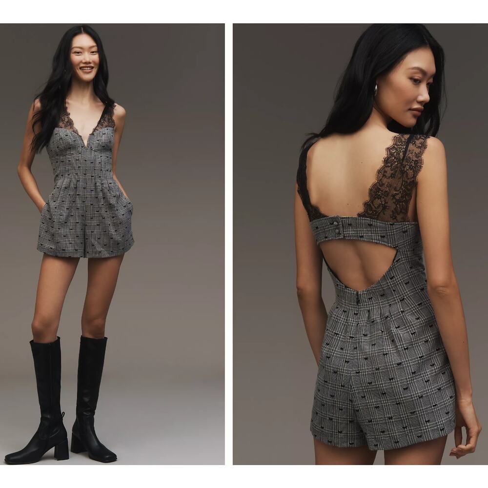 Maeve Romper Women Size 4 Grey Plaid Bow NWT V-Neck Lace Open Back Dark Academia
